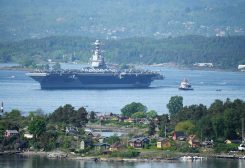 A view of the U.S. aircraft carrier USS Gerald R. Ford in the Oslo Fjord, seen from Ekebergskrenten, Norway, May 24, 2023. Javad Parsa/NTB/via REUTERS