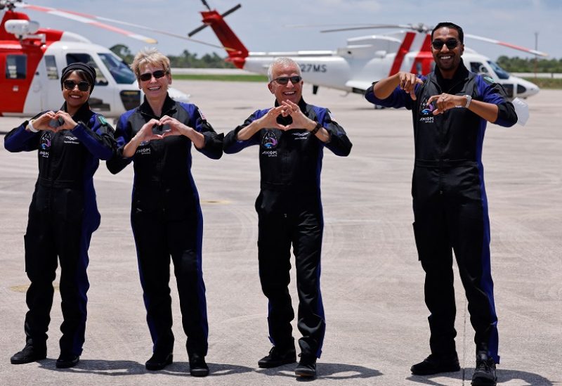 Commander Peggy Whitson, pilot John Shoffner, and mission specialists Ali Alqarni and Rayyanah Barnawi representing Saudi Arabia pose before the planned Axiom Mission 2 (Ax-2) launch to the International Space Station at Kennedy Space Center, Florida, U.S. May 21, 2023. REUTERS/Joe Skipper