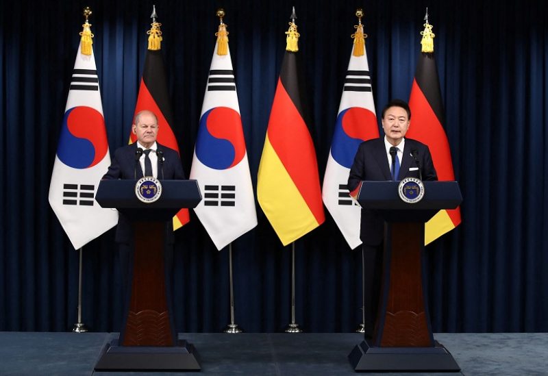 German Chancellor Olaf Scholz and South Korean President Yoon Suk Yeol attend their joint press conference at the Presidential Office in Seoul, South Korea May 21, 2023. Chung Sung-Jun/Pool via REUTERS