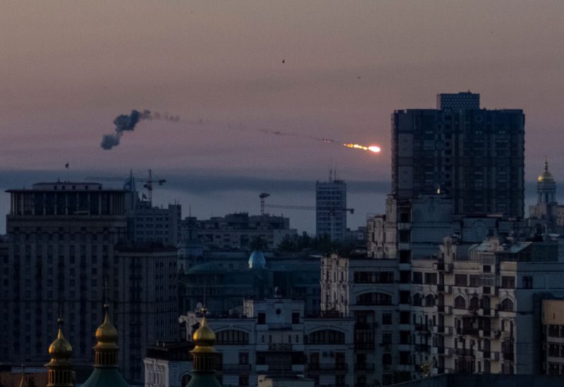 An explosion of a missile is seen in the sky over the city during a Russian missile strike, amid Russia's attack on Ukraine, in Kyiv, Ukraine May 18, 2023. REUTERS