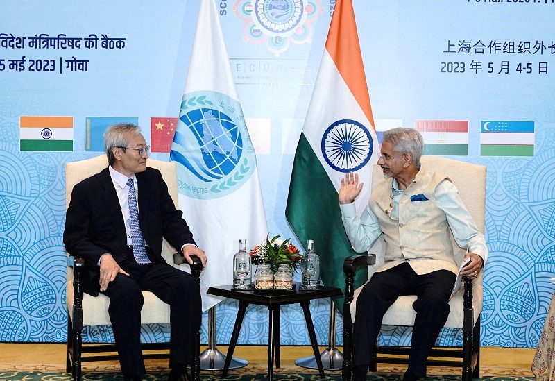 India's Foreign Minister Subrahmanyam Jaishankar speaks with Secretary-General of the Shanghai Cooperation Organisation (SCO) Zhang Ming during the SCO Council of Foreign Ministers' meeting in Goa, India, May 4, 2023. India's Ministry of External Affairs/Handout via REUTERS THIS IMAGE HAS BEEN SUPPLIED BY A THIRD PARTY. NO RESALES. NO ARCHIVES. MANDATORY CREDIT.