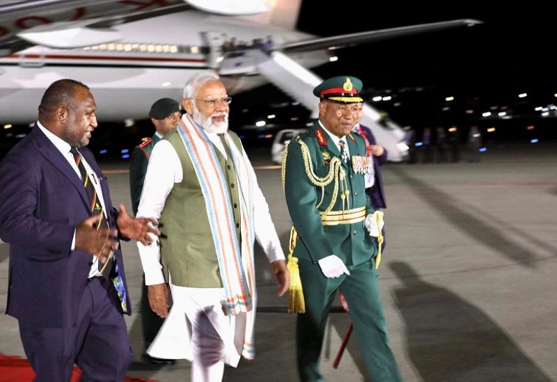 India's Prime Minister Narendra Modi is greeted by Papua New Guinea's Prime Minister James Marape