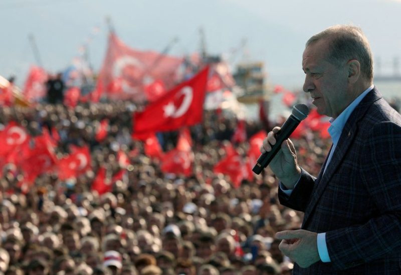 Turkish President Tayyip Erdogan addresses his supporters during a rally ahead of the May 14 presidential and parliamentary elections, in Izmir, Turkey April 29, 2023
