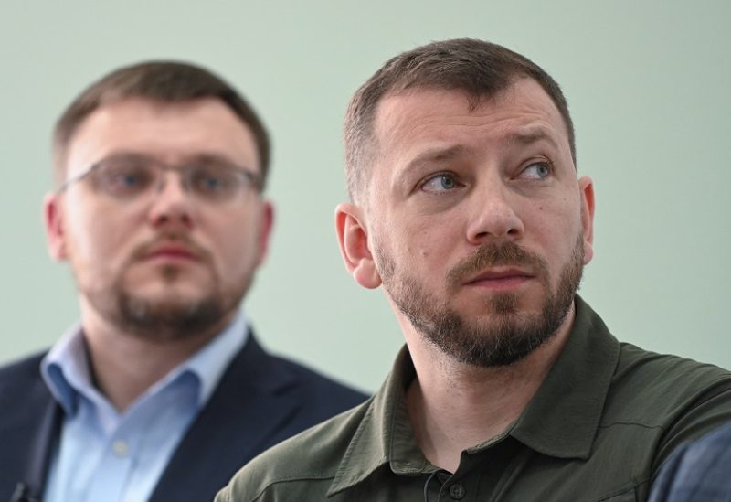 Director of the Specialized Anti-Corruption Prosecutor's Office Oleksandr Klymenko and Director of the National Anti-Corruption Bureau Semen Kryvonos attend a press conference dedicated to the detention of Ukraine's Supreme Court head, in Kyiv, Ukraine May 16, 2023. REUTERS/Viacheslav Ratynskyi