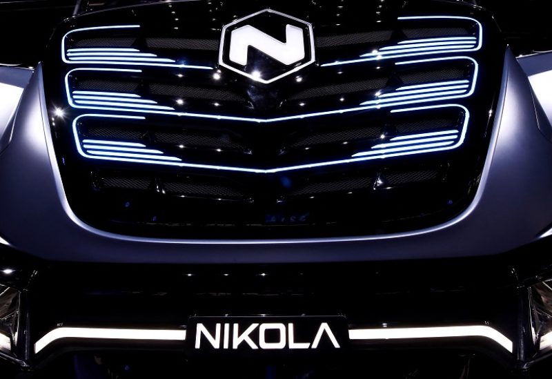 FILE PHOTO: U.S. Nikola's logo is pictured at an event held to present CNH's new full-electric and Hydrogen fuel-cell battery trucks in partnership with U.S. Nikola event in Turin, Italy, December 3, 2019. REUTERS/Massimo Pinca/File Photo