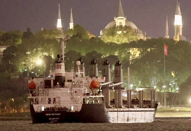 Belize-flagged bulker New Victory, carrying grain under UN's Black Sea Grain Initiative, transits Bosphorus in Istanbul, Turkey May 12, 2023. REUTERS/Yoruk Isik