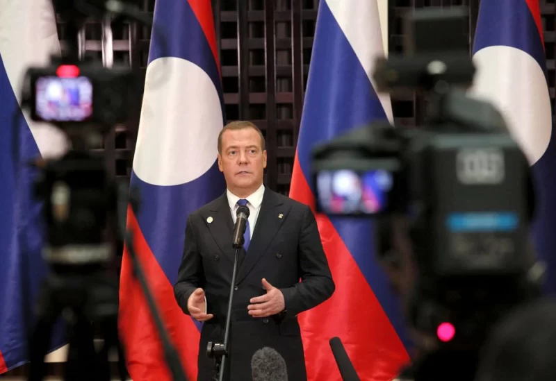Russia's Deputy head of the Security Council Dmitry Medvedev speaks during a news conference in Vientiane, Laos, May 23, 2023. Sputnik/Yekaterina Shtukina/Pool via REUTERS