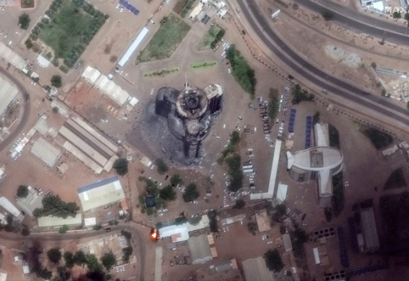 FILE PHOTO: Satellite image shows burned and damaged General Command of the Sudanese Armed Forces headquarters building in Khartoum, Sudan April 16, 2023, in this handout image. Courtesy of Maxar Technologies/Handout via REUTERS. THIS IMAGE HAS BEEN SUPPLIED BY A THIRD PARTY. NO RESALES. NO ARCHIVES. MANDATORY CREDIT. MUST NO OBSCURE LOGO/File Photo