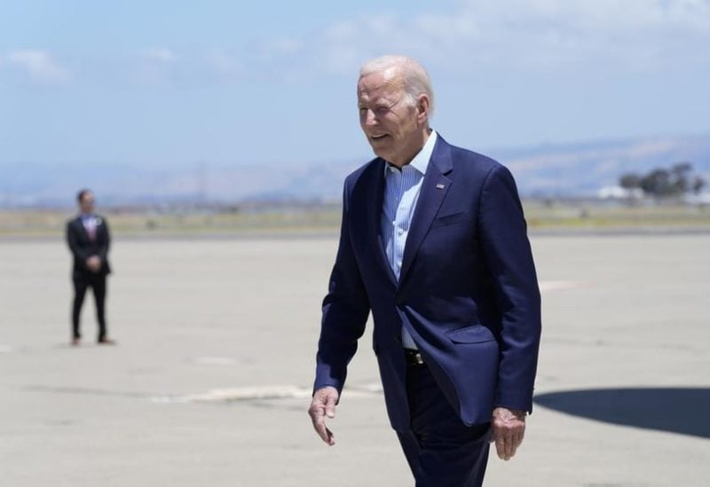 President Joe Biden arrives at Moffett Federal Airfield, Calif., Monday, June 19, 2023. (AP Photo/Susan Walsh)