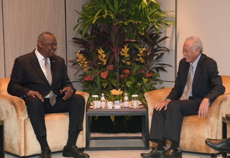 Singapore's Minister for Defence Dr Ng Eng Hen meets with U.S. Defense Secretary Lloyd Austin on the sidelines of the 20th Shangri-La Dialogue in Singapore June 2, 2023. Singapore Ministry of Defence/Handout via REUTERS