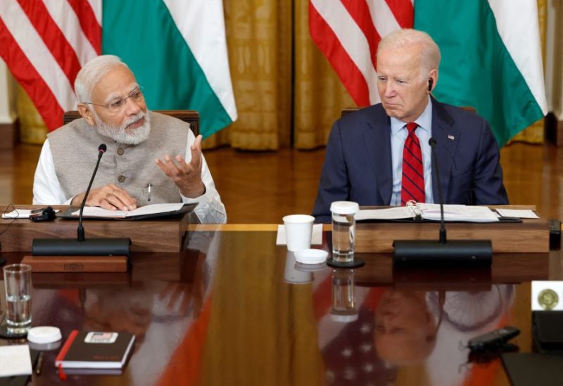 U.S. President Joe Biden and India's Prime Minister Narendra Modi meet with senior officials and CEOs of American and Indian companies in the East Room of the White House in Washington, U.S., June 23, 2023. REUTERS/Evelyn Hockstein