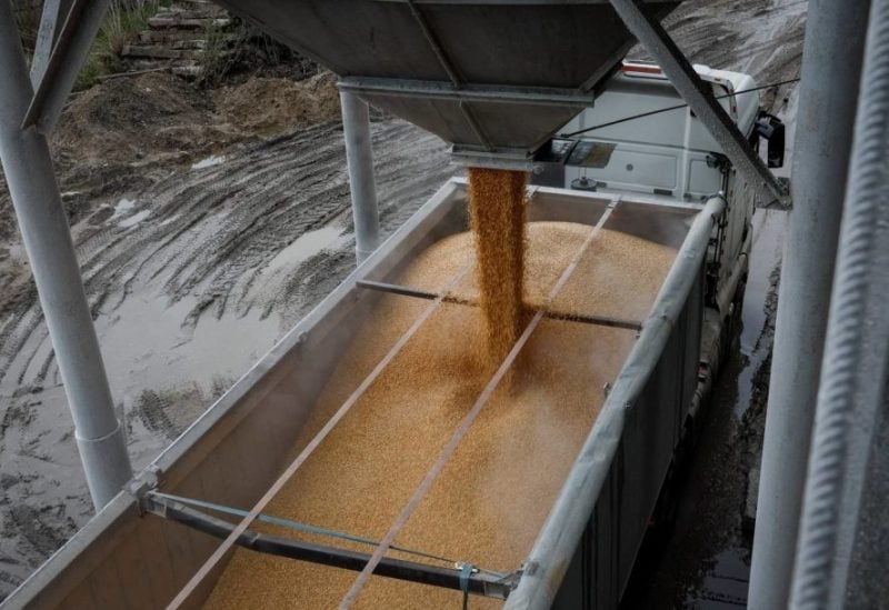 FILE PHOTO: A load of corn is poured into a truck, at a grain storage facility in the village of Bilohiria, Khmelnytskyi region, Ukraine April 19, 2023. REUTERS/Gleb Garanich/File Photo