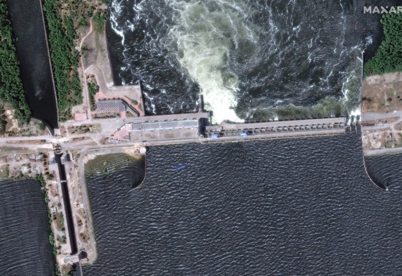 A satellite image shows a close-up view of Nova Kakhovka dam and hydroelectric power facility, Ukraine, in this picture obtained by Reuters on June 6, 2023. Maxar Technologies/Handout via REUTERS THIS IMAGE HAS BEEN SUPPLIED BY A THIRD PARTY. NO RESALES. NO ARCHIVES. MUST NOT OBSCURE LOGO. REFILE - CLARIFYING INFORMATION