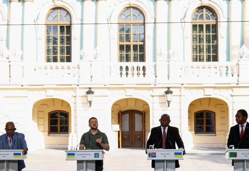 President of the Union of Comoros Azali Assoumani, Ukraine's President Volodymyr Zelenskiy, South African President Cyril Ramaphosa and Zambia's President Hakainde Hichilema attend a joint press conference, amid Russia's attack on Ukraine, in Kyiv, Ukraine June 16, 2023. REUTERS/Valentyn Ogirenko