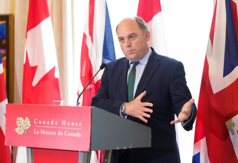 Britain's Secretary of State for Defence Ben Wallace speaks during a joint press conference with Canada's Minister of National Defence Anita Anand at Canada House following a meeting in London, Britain June 29, 2023. REUTERS/Anna Gordon/File Photo