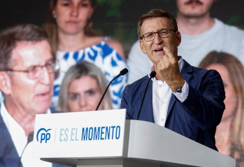 Spanish opposition People's Party leader Alberto Nunez Feijoo speaks at the opening campaign rally ahead of the July 23 snap election, in Castelldefels, Spain July 6, 2023. REUTERS/Albert Gea