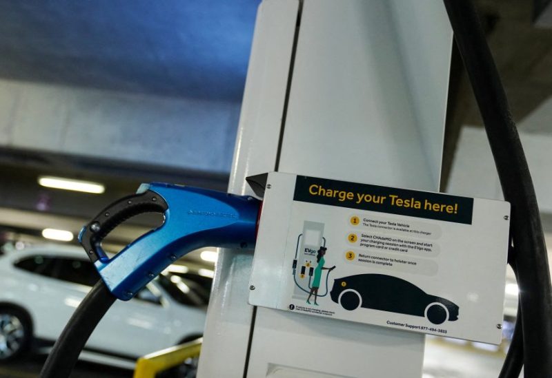 An electric car charging station is seen in the parking garage of Union Station in Washington, U.S., September 29, 2022. REUTERS/Sarah Silbiger