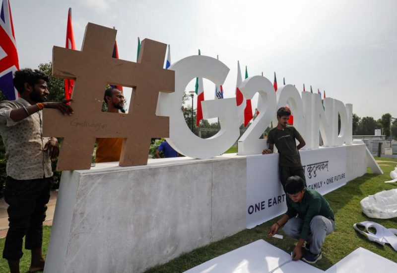 Workers work near the venue of G20 Finance Ministers and Central Bank Governors meeting at Gandhinagar in Gujarat, India July 13, 2023. REUTERS/Amit Dave