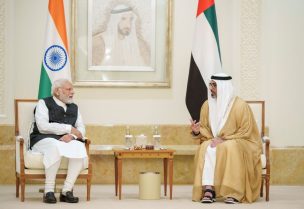 Sheikh Khaled bin Mohamed bin Zayed Al Nahyan, Crown Prince of Abu Dhabi, meets Indian Prime Minister Narendra Modi during his official visit in Abu Dhabi, UAE, July 15, 2023. WAM/Handout via REUTERS T