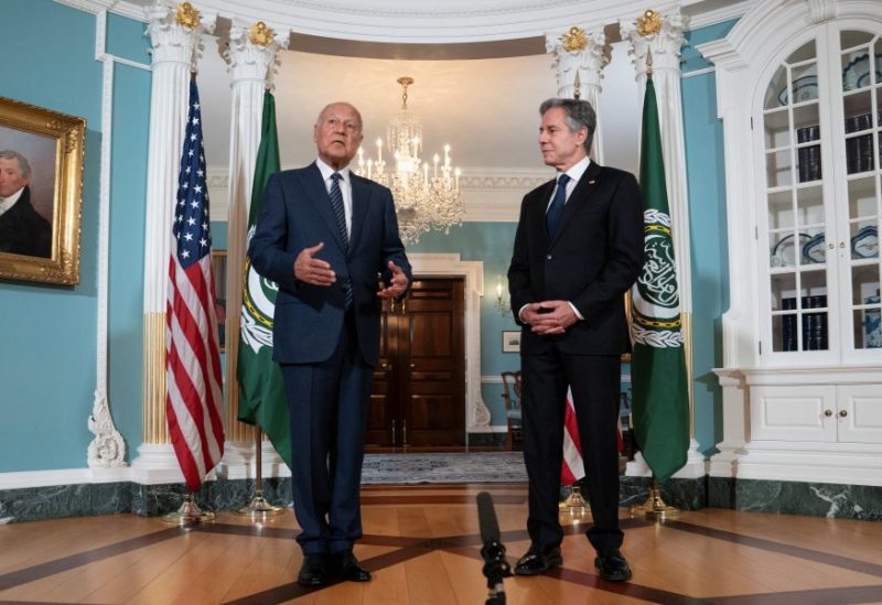 Arab League Secretary-General Ahmed Aboul Gheit, left, speaks alongside U.S. Secretary of State Antony Blinken during a press appearance at the State Department in Washington, U.S., July 19, 2023. REUTERS/Nathan Howard