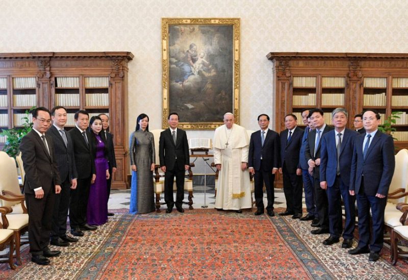 Pope Francis meets with Vietnamese President Vo Van Thuong at the Vatican City, July 27, 2023. Vatican Media/­Divisione Produzione Fotografica/Handout via REUTERS