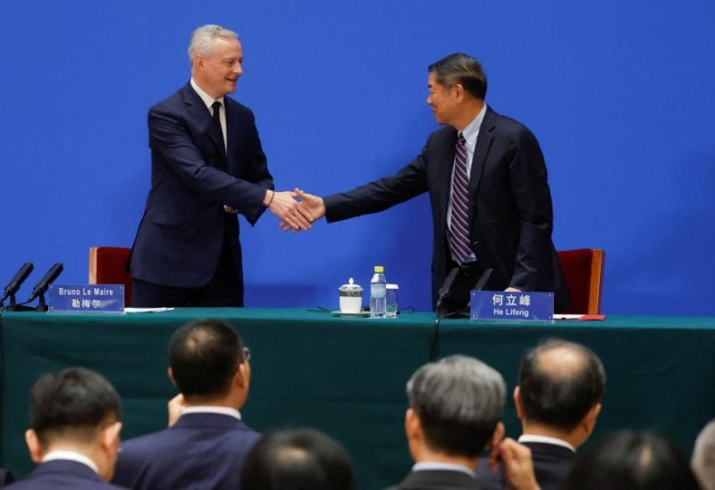 China's Vice Premier He Lifeng and French Economy and Finance Minister Bruno Le Maire attend the China-France Economic and Financial Dialogue at the Diaoyutai State Guesthouse in Beijing, China, July 29, 2023. REUTERS/Thomas Peter