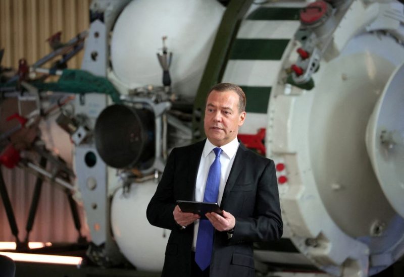 Deputy head of Russia's Security Council Dmitry Medvedev attends a meeting with officials and employees of the military industrial corporation "Scientific and Production Machine Building Association" in the town of Reutov in the Moscow region, Russia, April 25, 2023. Sputnik/Yekaterina Shtukina/Pool via REUTERS /File Photo