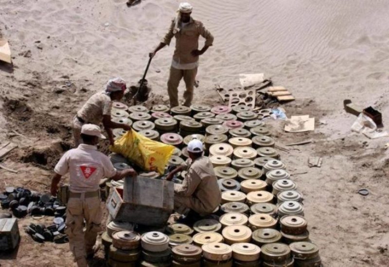 A Yemeni demining unit prepares to destroy unexploded bombs and mines collected from conflict areas near the southern port city of Aden. - Reuters