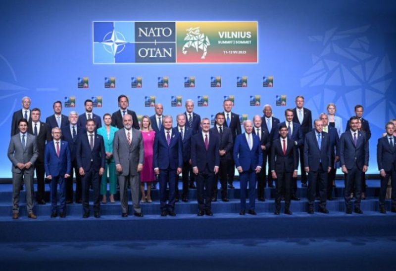 Participants of the NATO Summit take their positions to pose for an official family photo in Vilnius, Lithuania on July 11, 2023