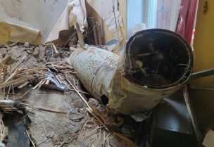 A part of a Russian cruise missile Kalibr is seen inside a building damaged during a Russian missile and drone strikes, amid Russia's attack on Ukraine, in Odesa, Ukraine July 18, 2023. Press Service of the the Operational Command South of the Ukrainian Armed Forces/Handout via REUTERS