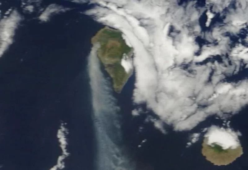 A satellite image shows smoke spreading from wildfire on the Canary Island of La Palma, Spain July 15, 2023. Courtesy of Nasa Worldview/Handout via REUTERS