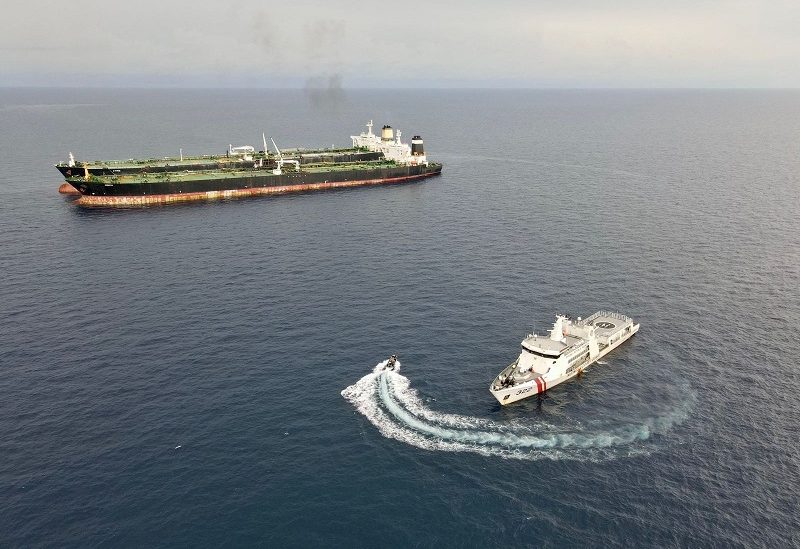 Patrol vessel KN. Pulau Marore-322, owned by Indonesia's Maritime Security Agency (Bakamla) patrols to inspect the Iranian-flagged Very Large Crude Carrier (VLCC), MT Arman 114, and the Cameroon-flagged MT S Tinos, as they were spotted conducting a ship-to-ship oil transfer without a permit, according to Indonesia's Maritime Security Agency (Bakamla), near Indonesia's North Natuna Sea, Indonesia, July 7, 2023 in this handout picture released July 11, 2023. Indonesia's Maritime Security Agency (Bakamla) / Handout via REUTERS. ATTENTION EDITORS - THIS IMAGE HAS BEEN SUPPLIED BY A THIRD PARTY. MANDATORY CREDIT NO RESALES. NO ARCHIVES