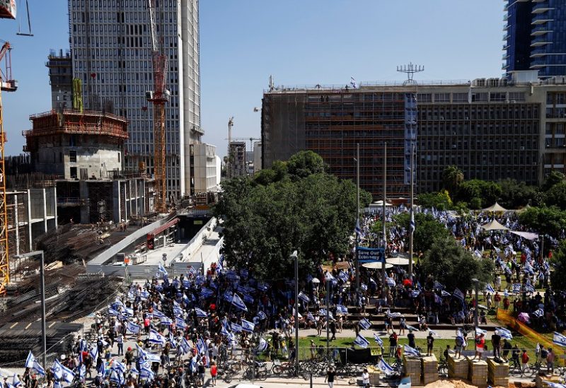 People demonstrate on the 'Day of National Resistance' in protest against Israeli Prime Minister Benjamin Netanyahu and his nationalist coalition government's judicial overhaul, in Tel Aviv, Israel July 18, 2023. REUTERS/Corinna Kern