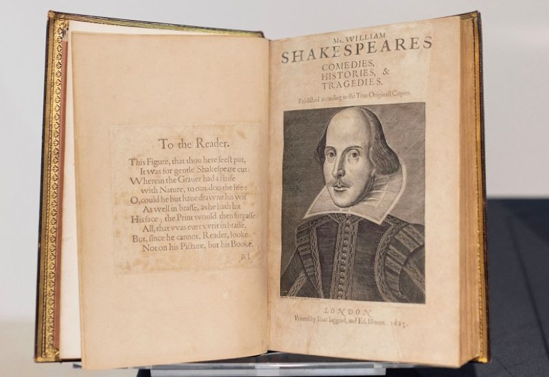 FILE PHOTO: One of the First Folios by William Shakespeare on display at Christies in London, April 24, 2023. Considered one of the most important books, it was published in 1623, the exhibition marks the 400-year anniversary. REUTERS/Anna Gordon/File Photo