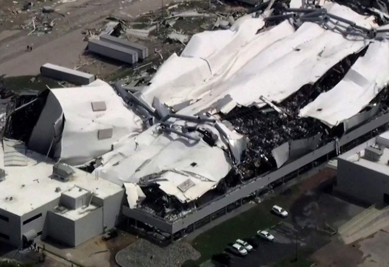 The roof of a Pfizer facility shows heavy damage after a tornado passed the area in Rocky Mount, North Carolina, U.S. July 19, 2023. ABC Affiliate WTVD via REUTERS. NO RESALES. NO ARCHIVES. MANDATORY CREDIT