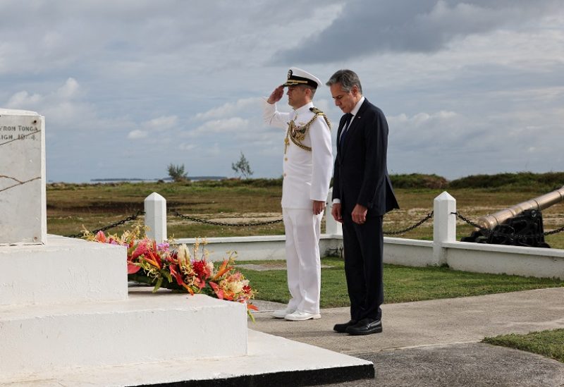 U.S. Secretary of State Antony Blinken attends a wreath-laying ceremony at Tonga's War Memorial in Nuku?alofa, Tonga July 26, 2023. TUPOU VAIPULU/Pool via REUTERS
