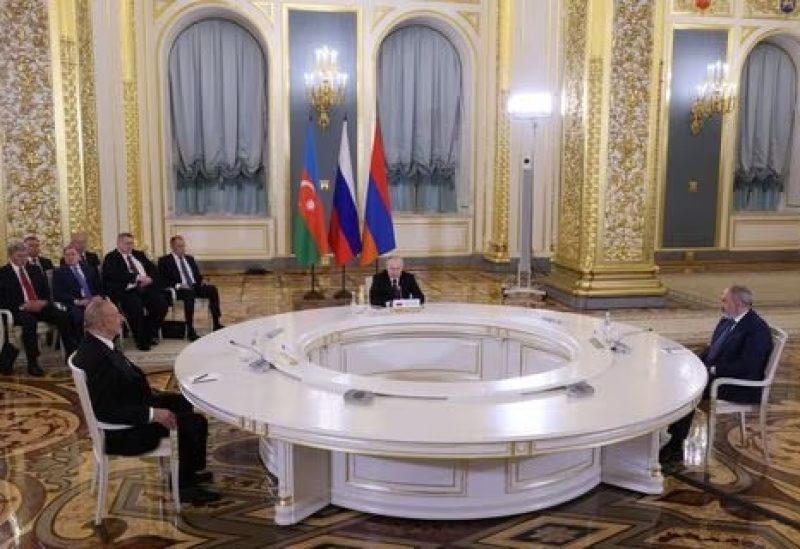 Russia's President Vladimir Putin meets with Armenia's Prime Minister Nikol Pashinyan and Azerbaijan's President Ilham Aliyev on the sidelines of the Eurasian Economic Union summit in Moscow, Russia May 25, 2023. Sputnik/Mikhail Metzel/Pool via REUTERS