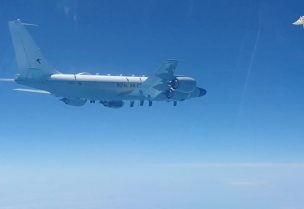 A view shows a British Royal Air Force RC-135W Rivet Joint reconnaissance aircraft that, according to the Russian Defense Ministry, was heading towards the Russian border over the neutral waters of the Black Sea along with two other British military aircraft and was intercepted by Russian fighter jets, in this still image taken from video released June 26, 2023. Russian Defence Ministry/Handout via REUTERS ATTENTION EDITORS - THIS IMAGE WAS PROVIDED BY A THIRD PARTY. NO RESALES. NO ARCHIVES. MANDATORY CREDIT.