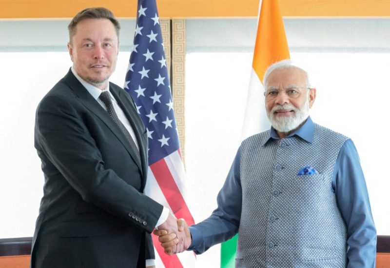 India's Prime Minister Narendra Modi shakes hand with Tesla chief executive Elon Musk during their meeting in New York City, New York, U.S., June 20, 2023. India's Press Information Bureau/Handout via REUTERS