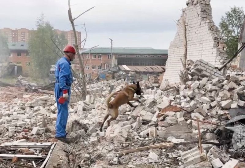 A rescuer with a dog works at the site of a blast at the Zagorsk Optical-Mechanical Plant in Sergiev Posad in the Moscow Region, Russia August 9, 2023, in this still image taken from video. Russian Emergencies Ministry/Handout via REUTERS