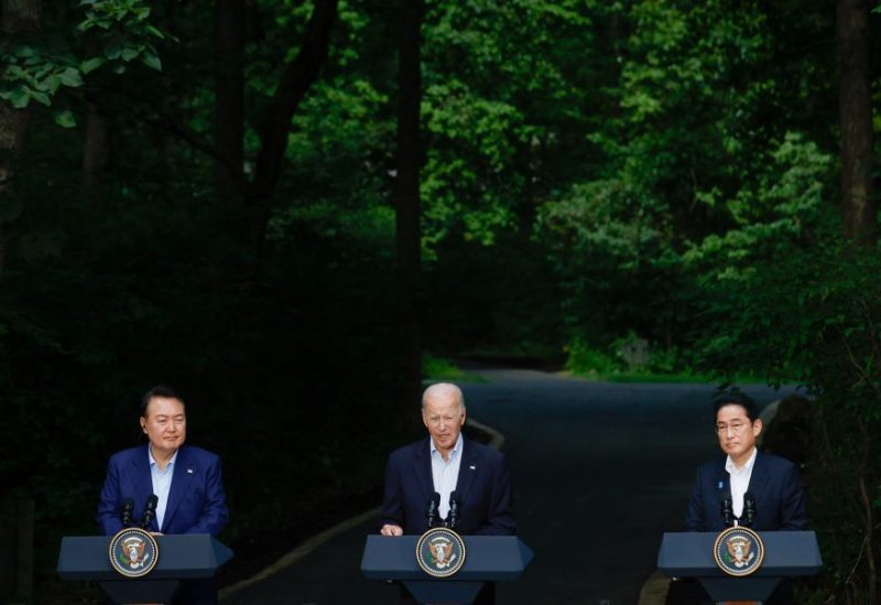 U.S. President Joe Biden, Japanese Prime Minister Fumio Kishida and South Korean President Yoon Suk Yeol attend a joint press conference during the trilateral summit at Camp David near Thurmont, Maryland, U.S., August 18, 2023. REUTERS/Evelyn Hockstein