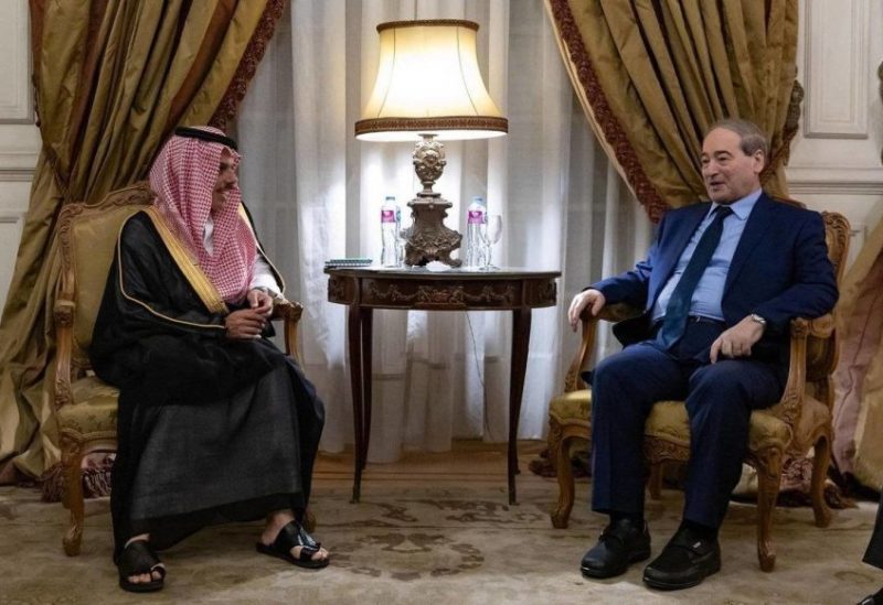 Saudi Foreign Minister Prince Faisal bin Farhan bin Abdullah and his Syrian counterpart Faisal al-Miqdad meet in Cairo. (SPA)