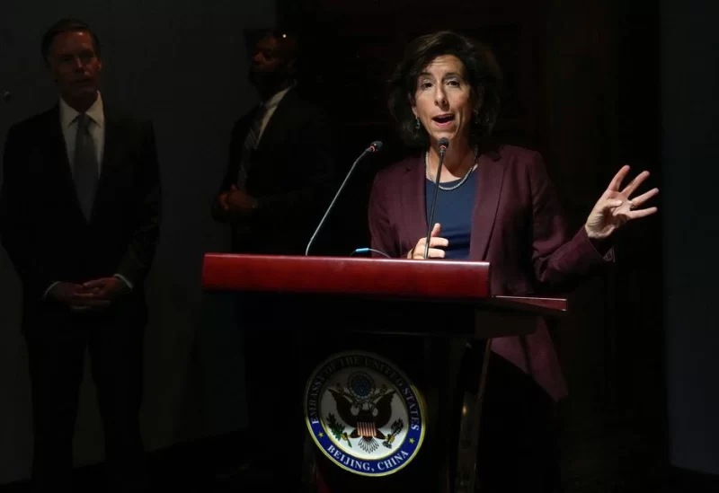 U.S. Commerce Secretary Gina Raimondo delivers her speech at a reception with U.S. Industry and Chinese Government Officials hosted by U.S. Ambassador to China Nick Burns, in Beijing, China, August 28, 2023. Andy Wong/Pool via REUTERS