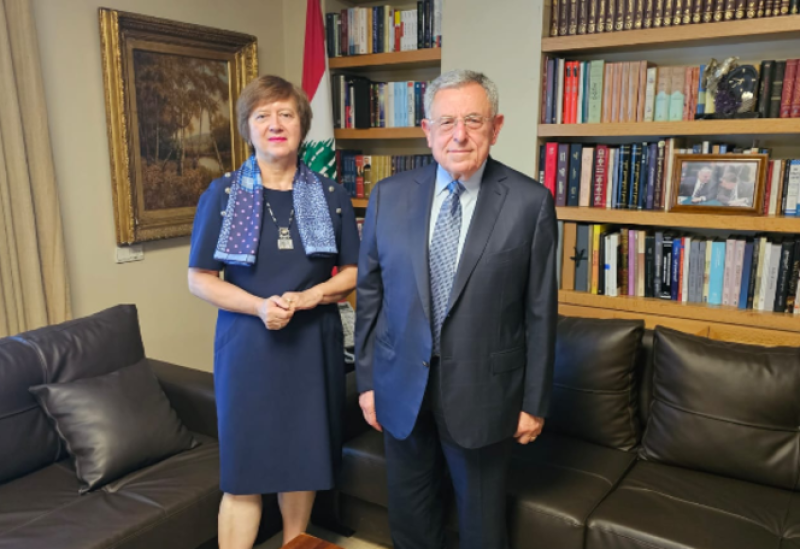 Former Prime Minister Fouad Siniora receives at his Bliss office UN Special Coordinator for Lebanon Joanna Wronecka