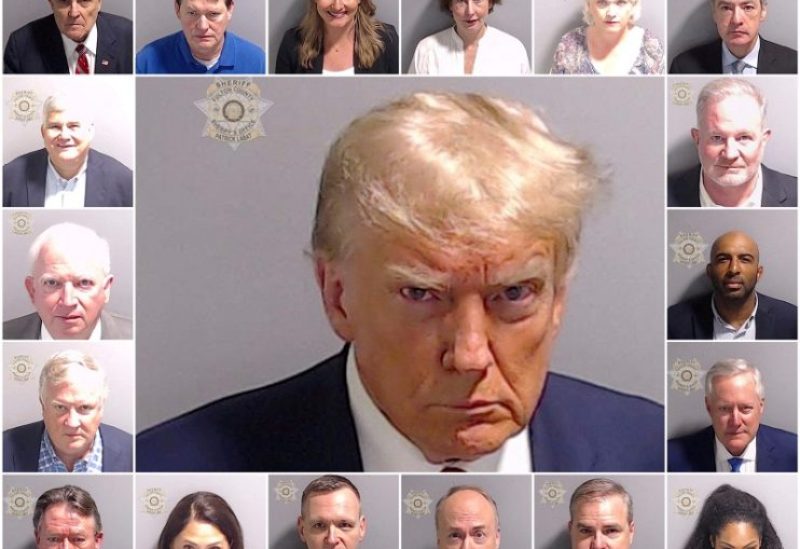 A combination picture shows police booking mugshots of former U.S. President Trump and the 18 people indicted with him
