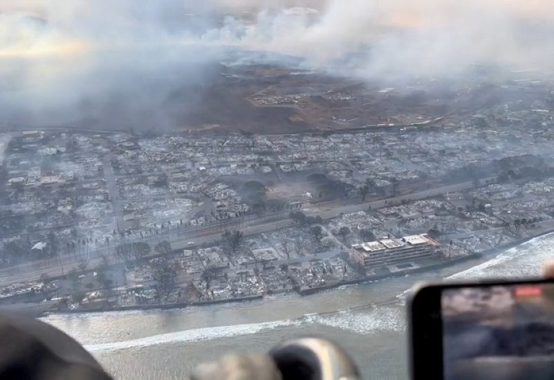 An aerial view shows damage along the coast of Lahaina in the aftermath of wildfires in Maui, Hawaii, U.S. August 9, 2023 this screen grab obtained from social media video. Richard Olsten/Air Maui Helicopters/via REUTERS THIS IMAGE HAS BEEN SUPPLIED BY A THIRD PARTY. MANDATORY CREDIT. NO RESALES. NO ARCHIVES.