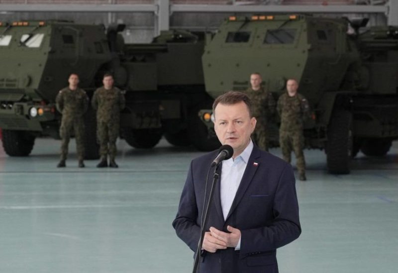 Poland's Defense Minister Mariusz Blaszczak speaks during ceremony after receiving its first shipment of US-made HIMARS rocket launchers, at an air base in Warsaw, Poland, on Monday, 15 May 2023. (AP)