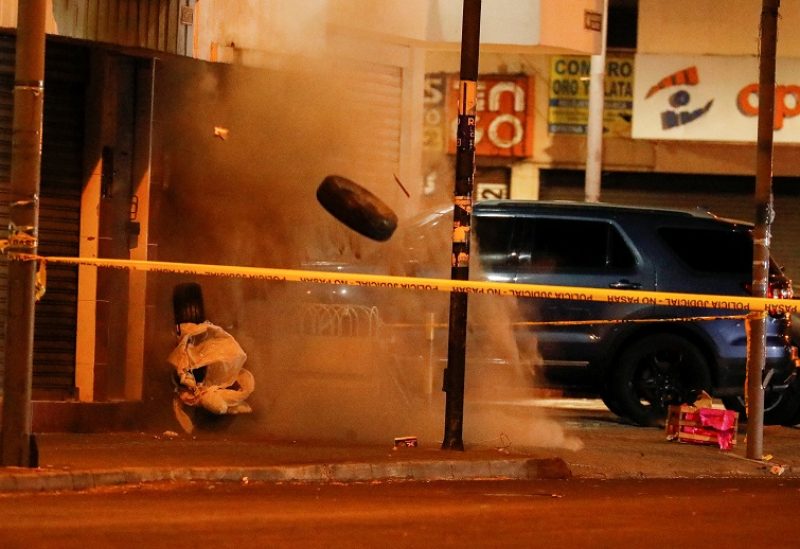 A view of a controlled explosion of an explosive device left outside the rally site where Ecuadorean presidential candidate Fernando Villavicencio was killed at a campaign event in Quito, Ecuador August 9, 2023. REUTERS/Karen Toro