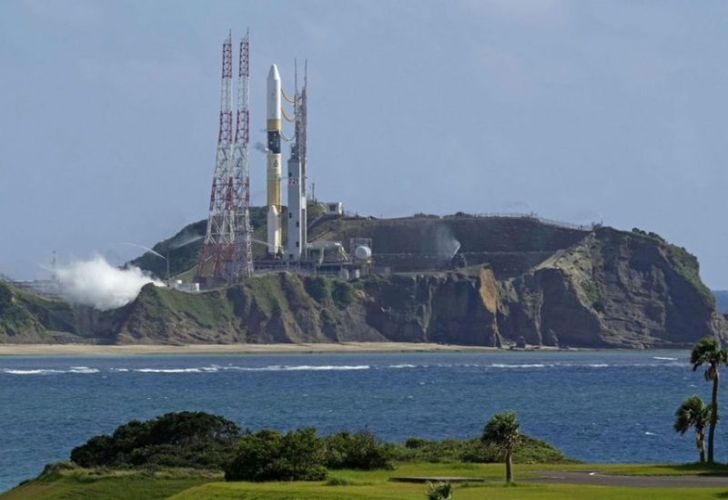 H-IIA launch vehicle number 47 is seen on the launching pad at Tanegashima Space Center on the southwestern island of Tanegashima, Japan in this photo taken by Kyodo on August 28, 2023. Kyodo/via REUTERS