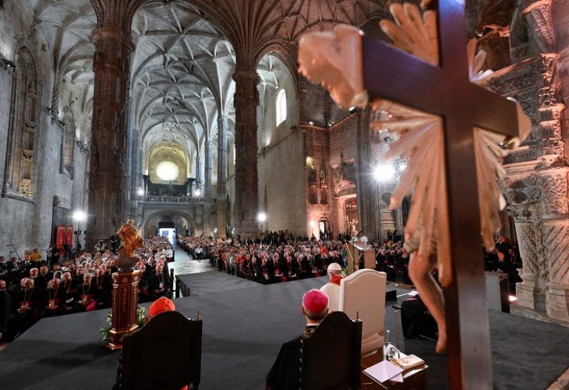 Pope Francis leads the Vespers with members of the clergy at the Mosteiro dos Jeronimos during his apostolic journey to Portugal on the occasion of the XXXVII World Youth Day, in Lisbon Portugal, August 2, 2023. Vatican Media/­Handout via REUTERS ATTENTION EDITORS - THIS IMAGE WAS PROVIDED BY A THIRD PARTY.